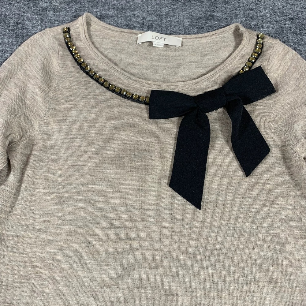 Ann Taylor Loft Sweater Womens Small Beige Lightweight Bow Tie Wool Blend Luxury - Picture 4 of 12